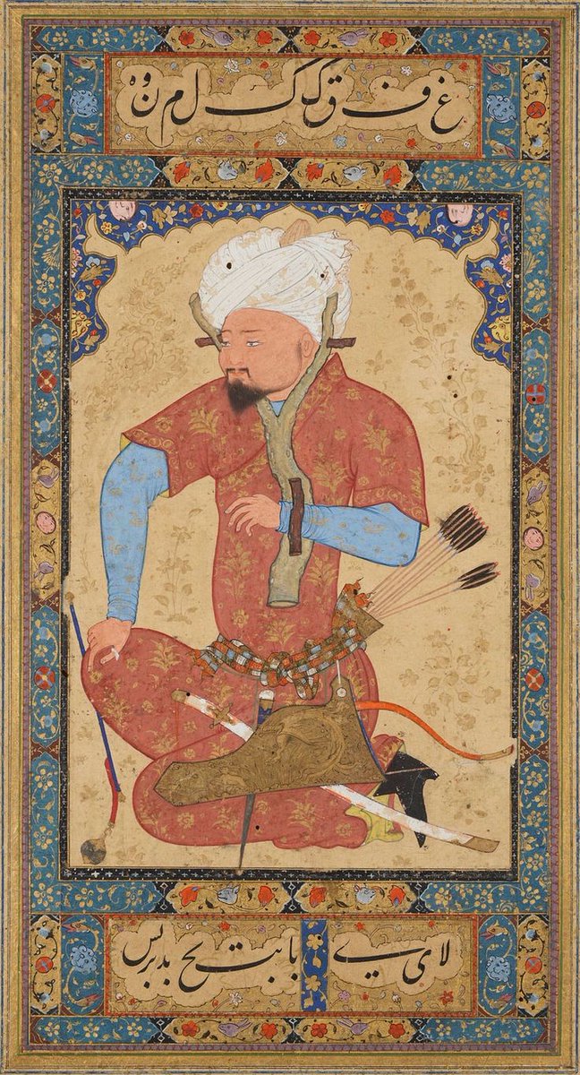 atalbrave's tweet photo. #Uzbek kneeling prisoner is secured by a wooden yoke, he still has his bow (in a case decorated with a #simurgh, a mythical phoenix-like bird, chasing a rabbit), quiver, dagger, sword, and a red riding crop (whip). #Herat #Afghanistan ca: 1600s
#TheMorganLibrary https://t.co/V77T1K4GFK