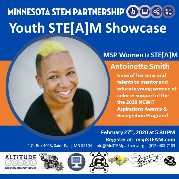 MnSTEMpartners's tweet image. In celebration of #WomensHistoryMonth we would like to recognize volunteer @Antoinette Smith!  Inspired by your commitment in teaching students and mentoring  women in # tech. @BDPA @NCWIT @bwise_bwiseusa @NSBE  #urbanrobotics #urbancoding #STEM #STEAM&quot;
