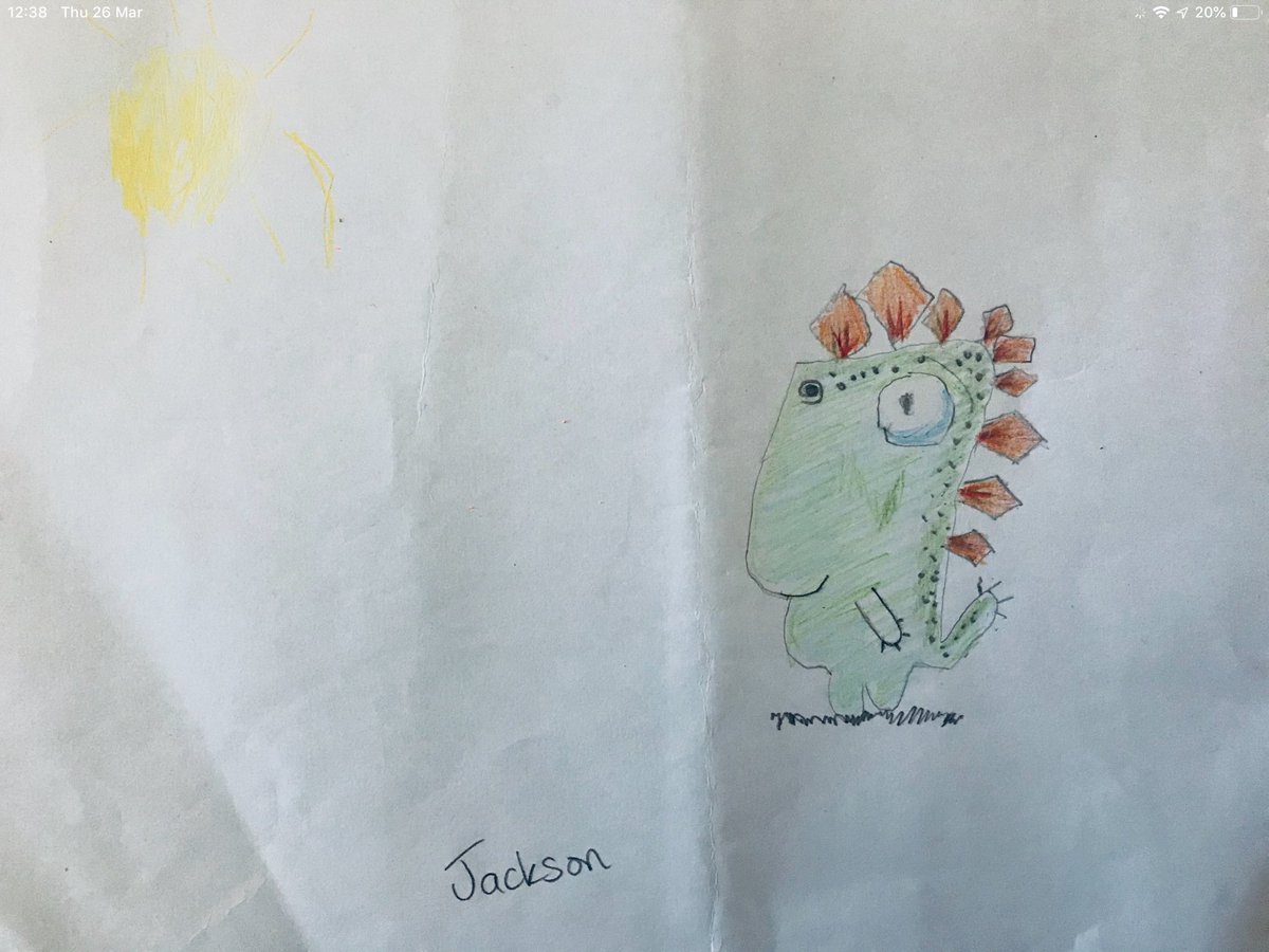 ArtMps's tweet photo. Jackson @GoslingsMPS and Leo @KingfishersMPS have taken up the art challenge by drawing their own Gregosaurus. I think you’ll agree they are fantastic. Well done boys! @MiddletonMPS https://t.co/UIEgt1DXyG