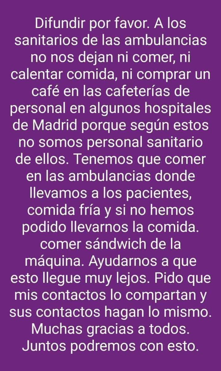 Incomprensible 
Es cierto que cuando tomamos café en las cafeterías de algunos hospitales No nos consideran personal del hospital y nos cobran como público.
Los compañeros de @SAFE_URG no tienen bases donde estar.
Por favor #hospitales; facilitenles el duro trabajo que realizan
