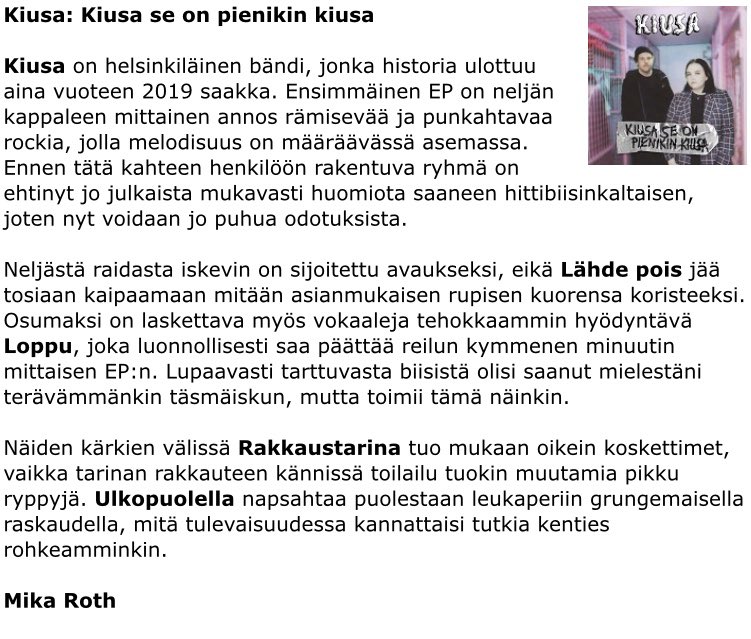 kiusayhtye's tweet photo. Desibeli.netin arvio EP:stä! 💿
https://t.co/I3YJtf0gGI
#kiusa #kiusaseonpienikinkiusa #levyarvio #ep #musiikki #bändi https://t.co/EMhp3fd7gP