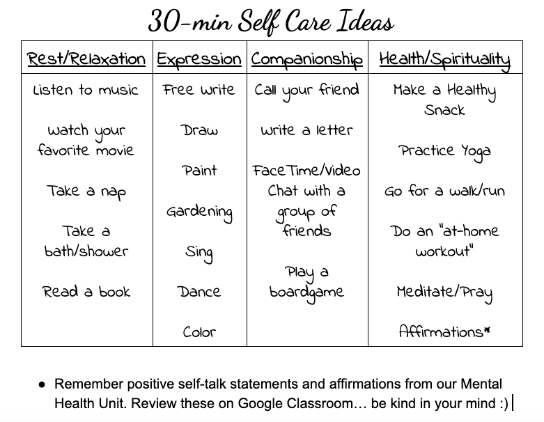 HealthMrsV's tweet photo. On this Thursday, let's "Take a Break". I don't know about you, but these weeks are dragging by and filled with stress... so let's practice some self care! Take a look at the list below for ideas on how to take a second and take care of you today. https://t.co/x0MDuh2NjV