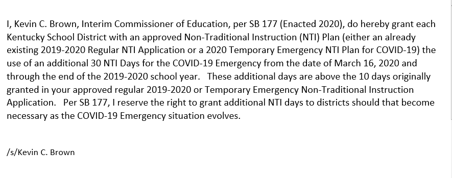 Commissioner, Kentucky Department of Education (@kycommissioner) on Twitter photo I just sent this email to all Kentucky superintendents, re: Senate Bill 177 and Statewide Blanket Approval of Additional <a href="/MyNTIky/">NTI Kentucky</a> Days. #KyEd #MyNTIKy I just sent this email to all Kentucky superintendents, re: Senate Bill 177 and Statewide Blanket Approval of Additional <a href="/MyNTIky/">NTI Kentucky</a> Days. #KyEd #MyNTIKy