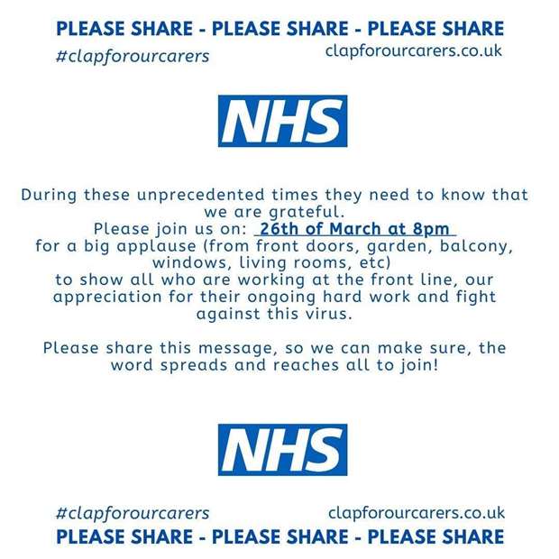 Join in this evening honouring everyone putting themselves on the line every day to keep us safe against this virus. Let us all put our hands together at 8pm tonight to show our appreciation. Thank you. #clapforourcarers #ClapForCarers #clapforNHS #ThankYou