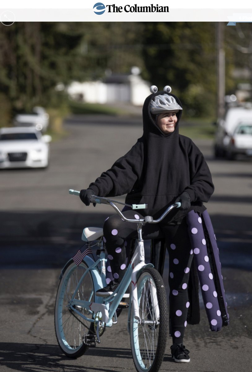 BikePortland's tweet image. &quot;Vancouver school teacher Jennifer Patton dressed up and paraded her neighborhood for the past week to spread joy during the school closures. She plans on continuing this every day until schools open back up.&quot; ❤️ via @thecolumbian  columbian.com/news/2020/mar/…