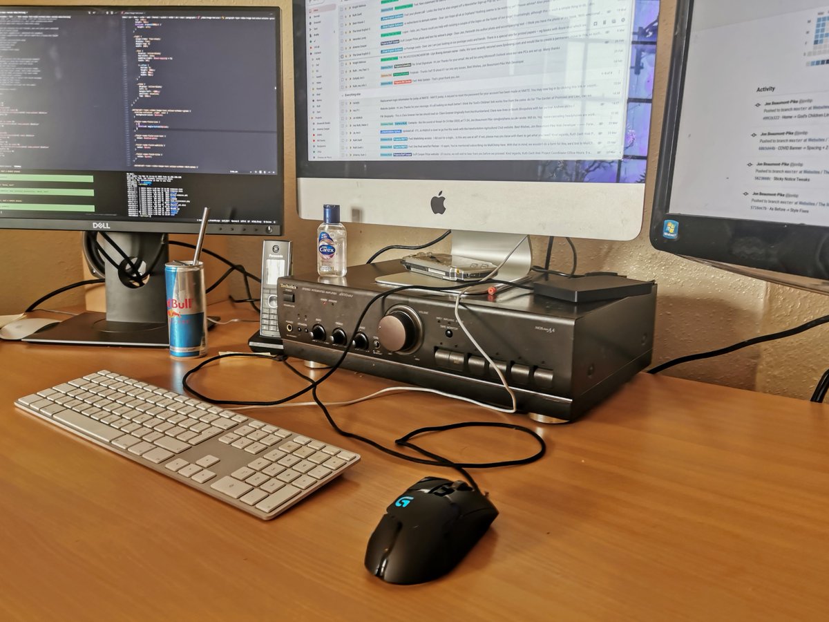 orphanspress's tweet photo. Day 2 of 'Orphans At Home'. This time it's Jon, our WordPress guru. A few stand outs here. 3 screens and spot the pick up drink to keep focus. Good to see the sanitiser. And what's that 1960's forerunner of the radio? Keep tuning in for the next exciting episode! https://t.co/er1eDWZUaC