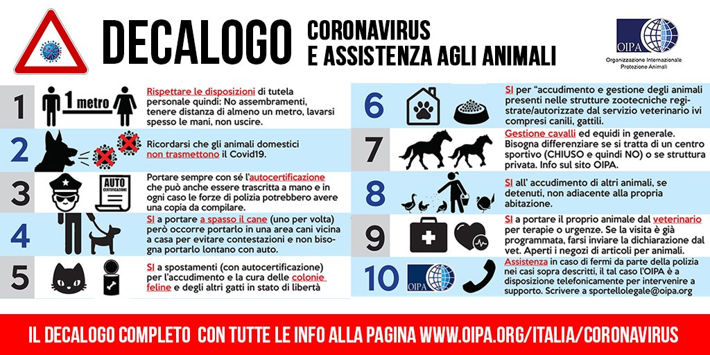 OIPAItalia's tweet photo. DECALOGO CORONAVIRUS E ASSISTENZA AGLI ANIMALI

Di seguito un #decalogo, con le disposizioni normative e ministeriali di #urgenza #animali #covid19italy . 
Il decalogo completo con tutte le info alla pagina https://t.co/904dinyqLE https://t.co/Hmo1iOYq08