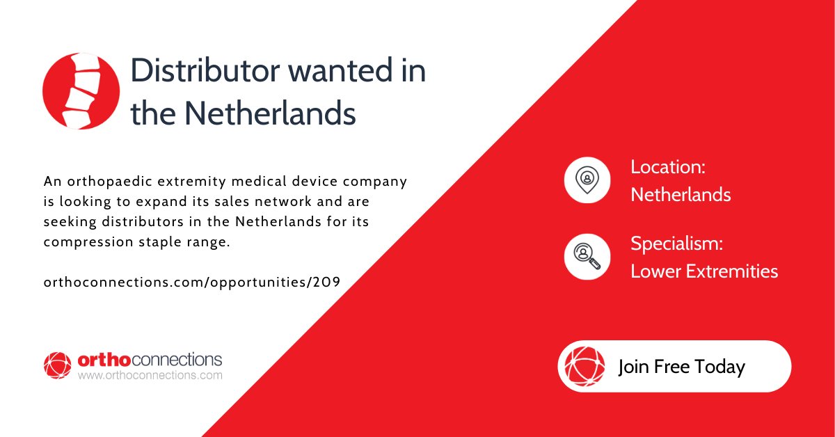 orthoconnection's tweet image. 🔴Distributor Wanted in the Netherlands.🔴

An orthopaedic extremity medical device company are seeking distributors in the Netherlands for its compression staple range.

Full opportunity here- ow.ly/zxWL50yWica

#MedTech #MedicalDevice #Extremities