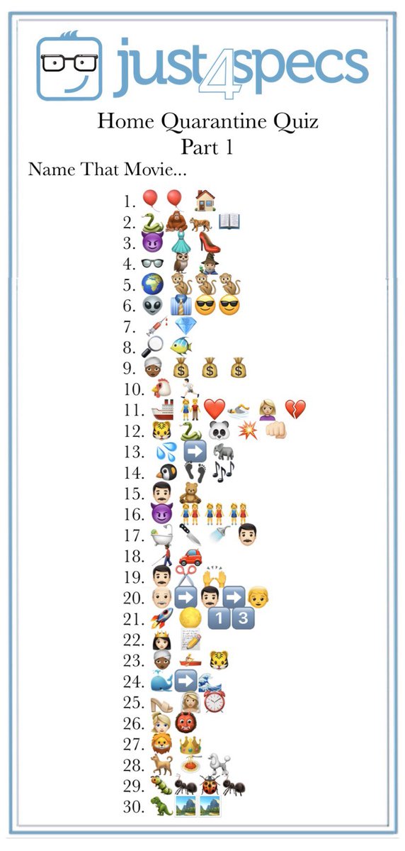 just4specs's tweet photo. Getting bored already?! We have a little game to help keep you occupied...

NAME THAT MOVIE 🎥 🍿 ￼

Comment with your answers below &amp; find out how you did tomorrow! 

#StayAtHomeSaveLives https://t.co/N0A1h2qwDm