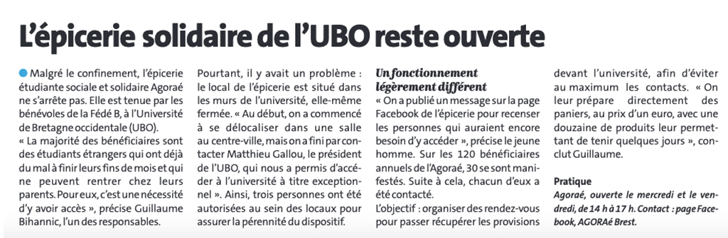 L' <a href="/Agorae_Brest/">AGORAé Brest</a> reste ouverte malgré tout pour continuer à aider les étudiants les plus précaires. Art. <a href="/TLGBrest/">Le Télégramme Brest</a> 
<a href="/fedebzh/">Fédé B</a> <a href="/La_FAGE/">FAGE</a> #precariteetudiante #univcovid