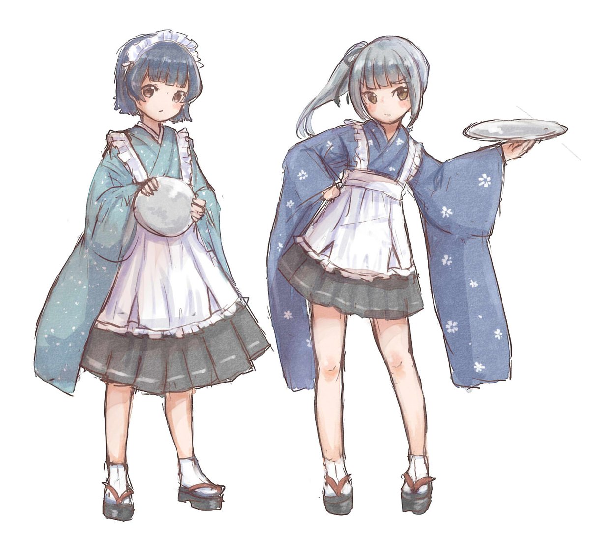 arare (kancolle) ,kasumi (kancolle) multiple girls 2girls wa maid apron japanese clothes grey hair side ponytail  illustration images