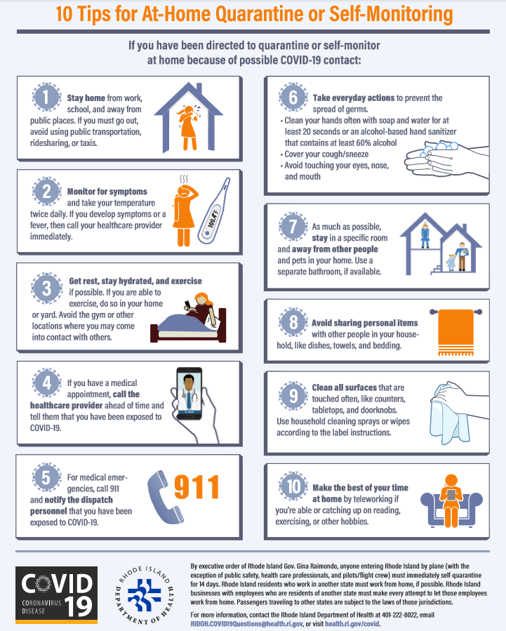 RIHEALTH's tweet image. If you are being ordered to quarantine at home or are voluntarily self-monitoring to prevent the spread of COVID-19, these are the actions you should be taking each day. For more information about COVID-19 and quarantine, visit health.ri.gov/diseases/ncov2… &amp;amp; health.ri.gov/covid.
