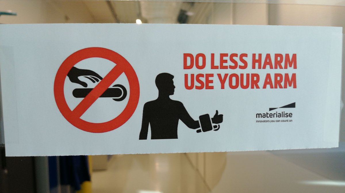 NLR_NL's tweet photo. Do less harm, use your arm! A 3D printed hands-free door opener to avoid passing on #Covid19. What a wonderful initiative of @MaterialiseNV! NLR #MAMTEC 3D-print team has already started with production in full speed. Materialise offers free design files: https://t.co/twLjWiulno https://t.co/yJFDs4uGIU