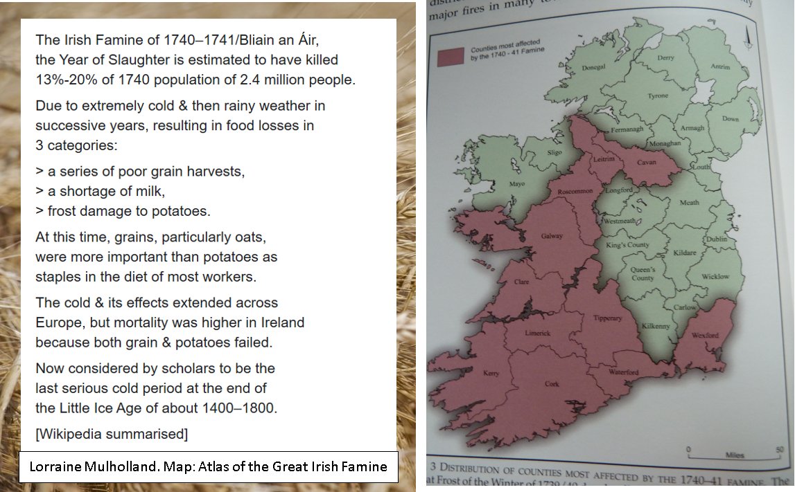 1740-41 Irish Famine, Bliain an Áir, the Year of Slaughter killed c 13%-20%! However this was a memory from a hundred yrs ago, & nothing could have stopped the rain & frost from destroying the grain & potatoes then. S, mid & W most affected; populated by poorest. Omen of future!