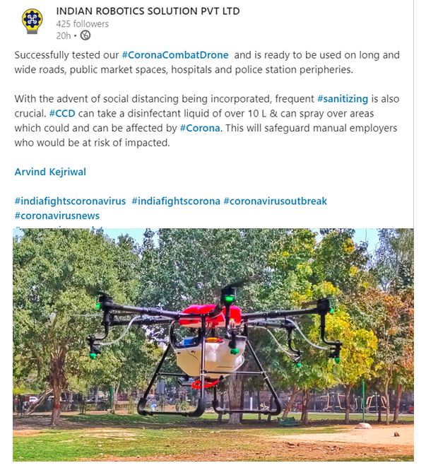 irspvtltd's tweet photo. Successfully tested Corona Combat Drone-CCD for disinfecting public areas.
We couldn't connect with the concerned authorities.
 Looking forward to using CCD if deemed fit.
@DelhiPolice @police_haryana @PoliceRajasthan   @punjabpolice @DCPEastDelhi @DCPSHAHDARA @aajtak @ABPNews https://t.co/qo5u1fexkk