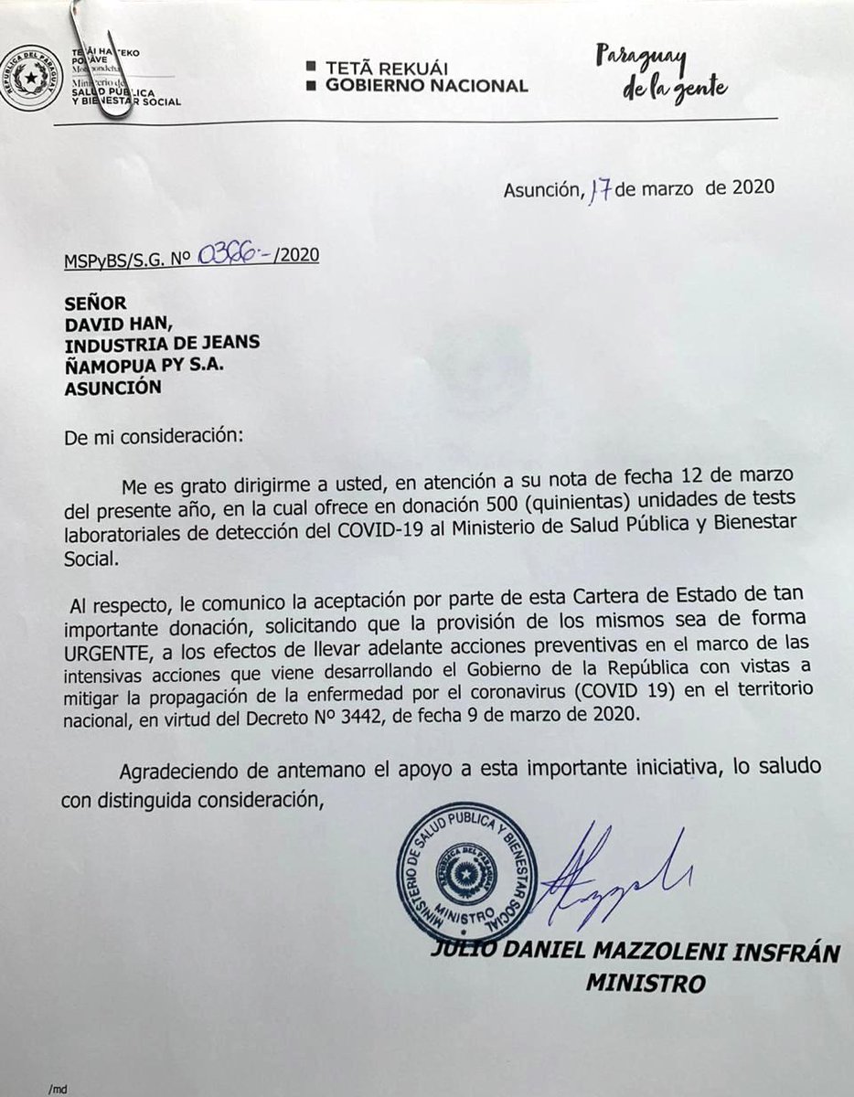 mreparaguay's tweet photo. COVID-19 | Inversor coreano donó al Ministerio de Salud 500 unidades de test para detección del coronavirus.
https://t.co/TEYwa7Or5h
#COVID19 #CoronavirusPy https://t.co/lxc7kn0tsk