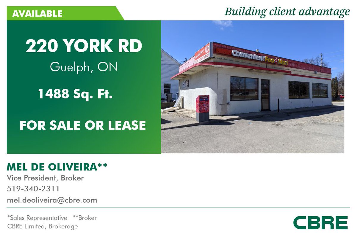 220 York Road in Guelph is now available for lease or sale! Great for a convenience store, salon, or a small office. View our available properties here: bit.ly/3ak90sO.

#CBRE #CommercialRealEstate #CRE #commercialproperty #retail