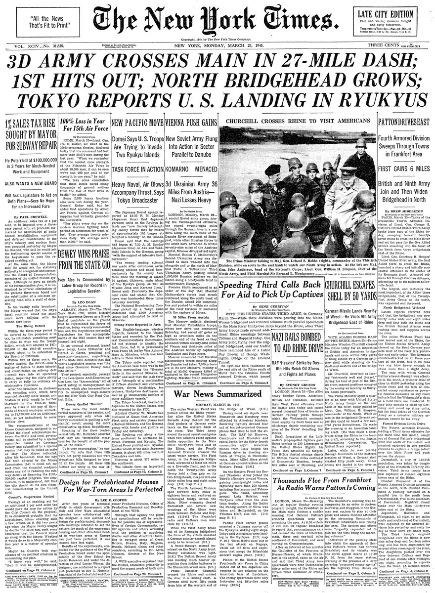 March 26, 1945: 3D Army Crosses Main in 27-Mile Dash; 1st Hits Out; North Bridgehead Grows; Tokyo Reports U.S. Landing in Ryukyus  https://nyti.ms/2WMvuPc 