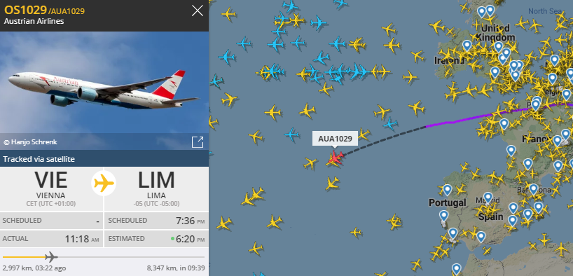 _austrian's tweet photo. Two more repatriation flights are on their way right now. The OE-LAE just took off from Delhi to Vienna. The OE-LPB is over the North Atlantic heading to Lima. The OE-LAX came from Havana yesterday after a short stop in Punta Cana waving hello to over 200 people returning home.🇦🇹 https://t.co/2GHCZi08ue