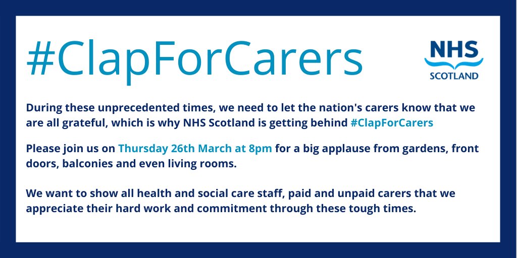 NHSScotland's tweet image. Join us at 8pm tonight in giving all of the health and social care staff, across Scotland and the rest of the UK, a massive round of applause to show our appreciation for their hard work.Please share!#ClapForCarers #ClapForTheNHS @jasonleitch @NHSScotlandCE @NHS24 @Scotambservice