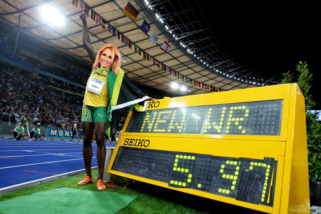 Austin Pendergist On Twitter Just For Fun Here S Usain Bolt S Now Broken World Record 100m Race Sped Up To Match Britney Spears Scorching 5 97 Second Time At This Pace Britney S Average Speed During