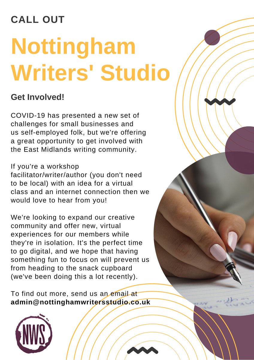 Nottingham Writers' Studio (@nwstudio) on Twitter photo Running online workshops is the perfect opportunity to keep boredom at bay, earn a little money, and get involved with the East Midlands writing community.
Contact admin@nottinghamwritersstudio.co.uk to find out more.
& please share!
<a href="/WritingEM/">Writing East Midlands</a>
<a href="/NottmCityOfLit/">Nottingham City of Literature (is away & reading)</a> Running online workshops is the perfect opportunity to keep boredom at bay, earn a little money, and get involved with the East Midlands writing community.
Contact admin@nottinghamwritersstudio.co.uk to find out more.
& please share!
<a href="/WritingEM/">Writing East Midlands</a>
<a href="/NottmCityOfLit/">Nottingham City of Literature (is away & reading)</a>