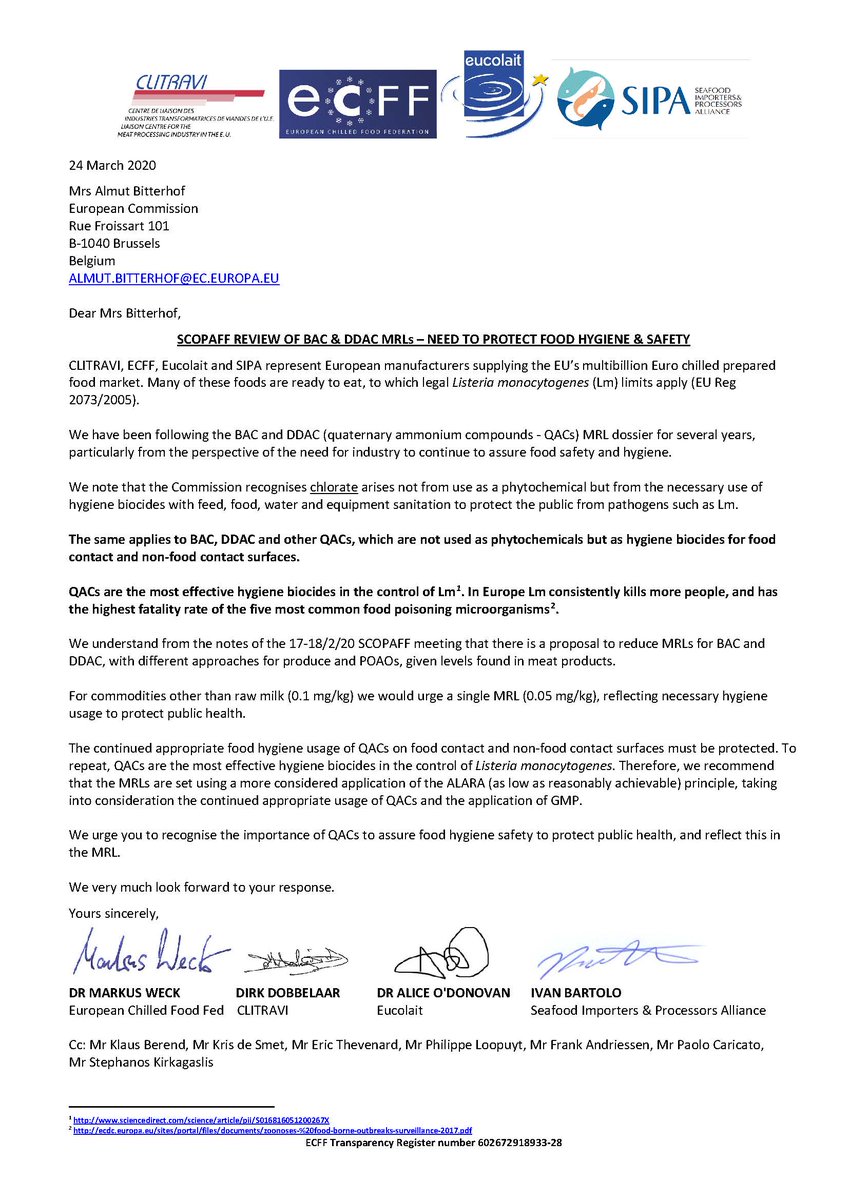 ChilledFood's tweet photo. #European food producers written to @EU_Commission urging benzalkonium chloride & DDAC #MRL review to not hinder these vital #biocides #foodhygiene #listeria #ECFF @Eucolait @clitravi @SeafoodAlliance @FoodDrinkEU #foodsafety @sofhtb78 @ifstnews @foodgov @H_S_E https://t.co/XMKJQPRsxn