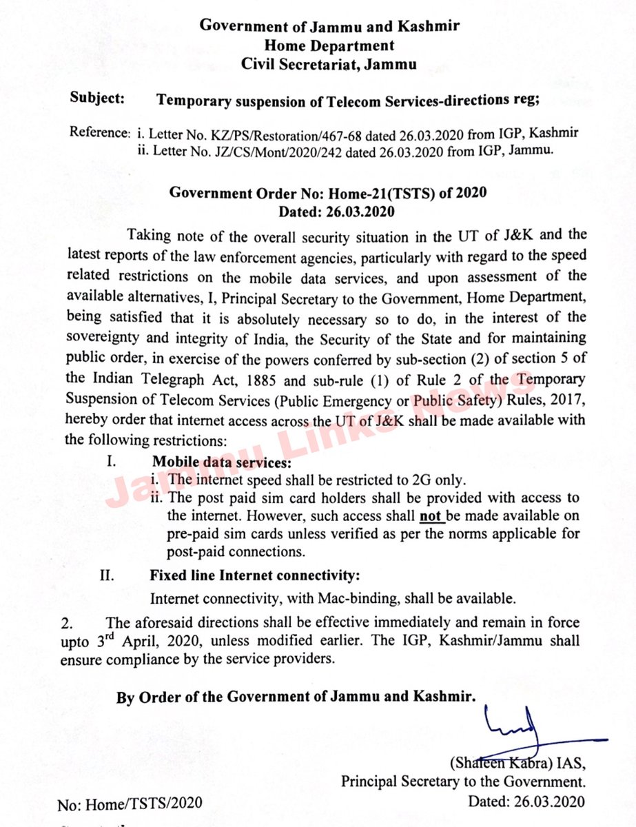 JAMMULINKS's tweet photo. 2G, fixed line internet access to remain operative in J&amp;K. The internet speed shall be restricted to 2G only. @diprjk @DrSyedSehrish @kansalrohit69 https://t.co/euHm121Fav