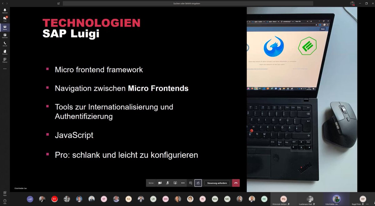 Our #Syskoplan <a href="/Reply_DE/">Reply in Deutschland</a> dual students just presented their vacation planner tool via Teams to their colleagues. Developed using #CAP <a href="/luigiprojectio/">Luigi</a> and <a href="/OpenUI5/">OpenUI5</a> in only 6 weeks, without any prior knowledge! Great work guys! (pre-Corona foto, screenshot from today😉)