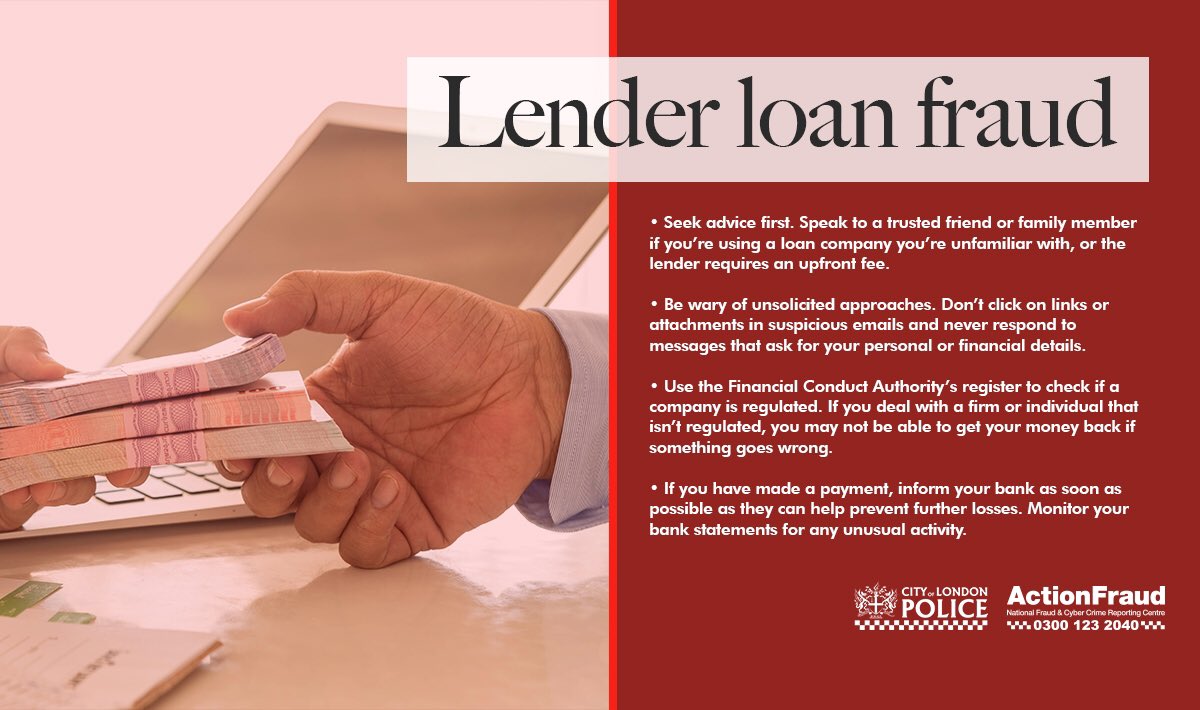 People may be worrying about their finances during the #COVID19 outbreak. Lender loan fraudsters will use the opportunity to:

- approve your application for a fast loan regardless of your credit history
- ask you to pay an upfront fee
- take your payment &amp; never provide the loan