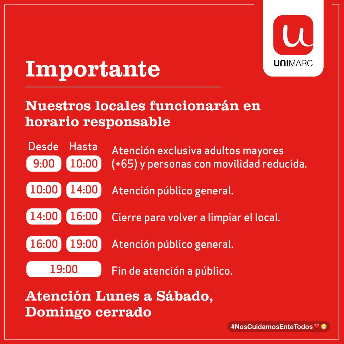 Conoce nuestros horarios responsables. #NosCuidamosEntreTodos ❤😷