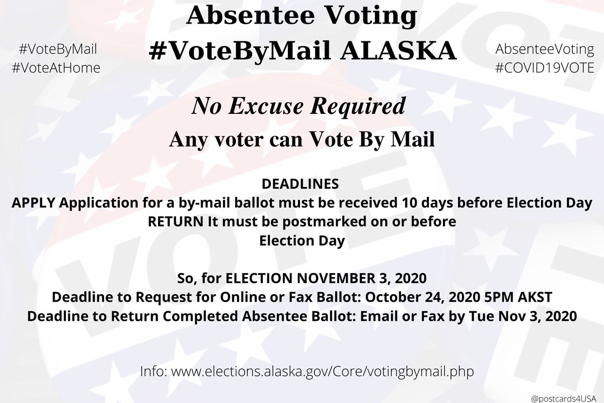 ALASKA  #AK  #VoteByMailApplication  http://www.elections.alaska.gov/doc/forms/C06%20Fillable.pdfInfo  http://www.elections.alaska.gov/Core/votingbymail.phpMore info Contact  http://www.elections.alaska.gov/Core/contacttheabsenteeandpetitionoffice.phpRegional Election Offices  http://www.elections.alaska.gov/Core/contactregionalelectionsoffices.php #AbsenteeVoting  #DemCastAKTHREAD  #PostcardsforAmerica