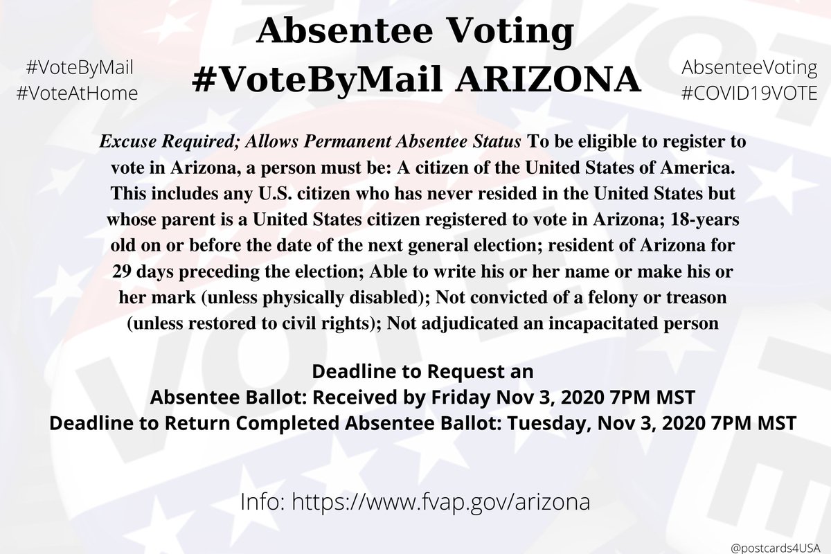 ARIZONA  #AZ  #VoteByMailApplication  https://my.arizona.vote/Early/ApplicationLogin.aspxInfo  https://www.fvap.gov/arizona County Election Officials  https://azsos.gov/elections/voting-election/contact-information-county-election-officials #DemCastAZ  #AbsenteeVotingTHREAD #PostcardsforAmerica