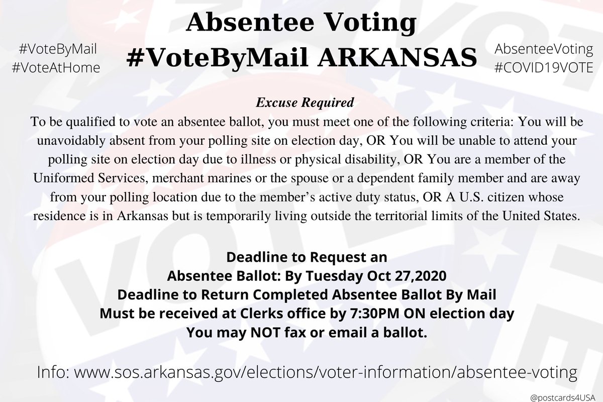 ARKANSAS  #AR  #VoteByMailApplication  https://www.sos.arkansas.gov/uploads/elections/Absentee_Ballot_Application.pdfCounty Clerk addresses  https://www.sos.arkansas.gov/uploads/elections/county_clerks_for_website.pdfInfo  https://www.sos.arkansas.gov/elections/voter-information/absentee-voting #DemCastAR  #AbsenteeVotingTHREAD #PostcardsforAmerica