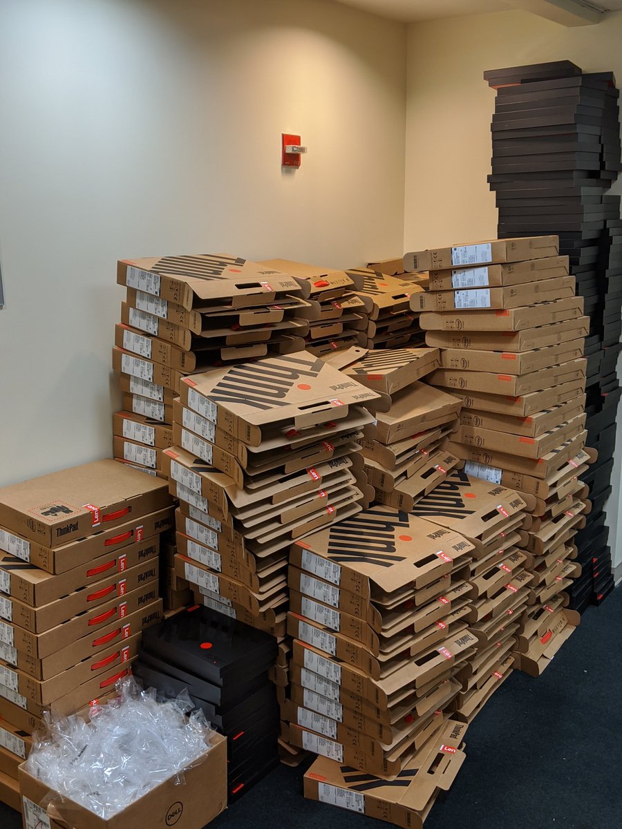 rschwiebert's tweet photo. This is what it looks like when you get hundreds of @Lenovo laptops for faculty and staff to work at home during the #COVID19 outbreak! Great job @waketechITS #reachandrally #waketech https://t.co/FkNOGSx33d