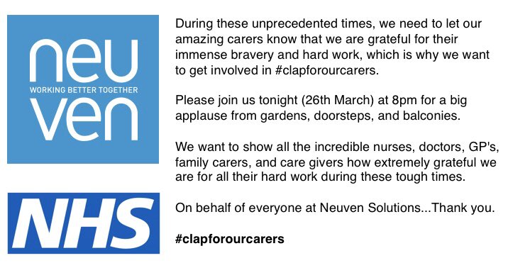 Neuven's tweet photo. See you at 8pm #clapforourcarers #nhs #neuven #thankyou https://t.co/ZHahgu3ubl