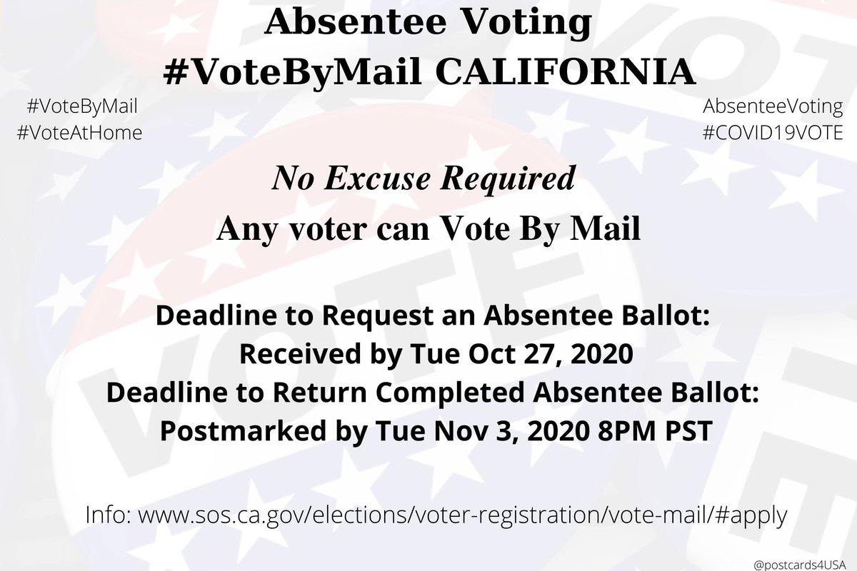 CALIFORNIA  #CA  #VoteByMailApplication  https://elections.cdn.sos.ca.gov/vote-by-mail/pdf/vote-by-mail-application.pdfInfo  https://www.sos.ca.gov/elections/voter-registration/vote-mail/#applyCounty Election Officials  https://www.sos.ca.gov/elections/voting-resources/county-elections-offices/ #DemCastCA  #AbsenteeVotingTHREAD #PostcardsforAmerica