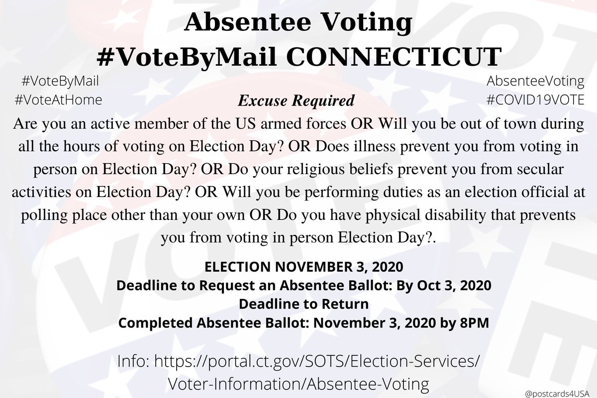 CONNECTICUT  #CT  #VoteByMailApplication  https://portal.ct.gov/-/media/SOTS/ElectionServices/ElectForms/electforms/aabengpdf.pdfInfo  https://portal.ct.gov/SOTS/Election-Services/Voter-Information/Absentee-VotingCounty Registrars of Voters  https://portal.ct.gov/-/media/SOTS/ElectionServices/Registrar-of-Voters/Registrar-of-Voters-List.pdf?la=en*Primary Apply by April 27th. Return by 10 days from out-of-state location & 5 days from in-state #AbsenteeVoting  #DemCastCTTHREAD