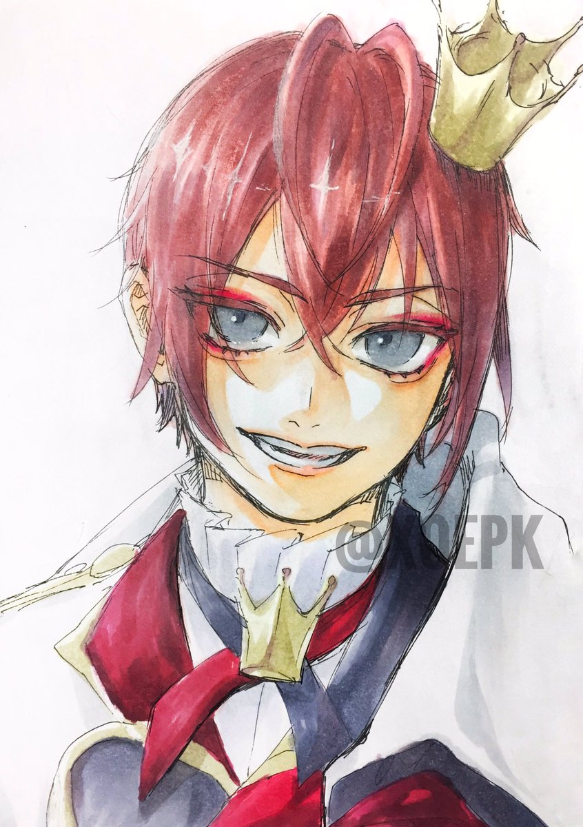 1boy crown male focus solo red hair smile white background  illustration images