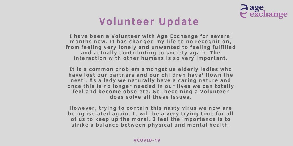 One of our #volunteers wanted to share her story of how Age Exchange's temporary hub closure due to #Covid19 has affected her, here is what she had to say...