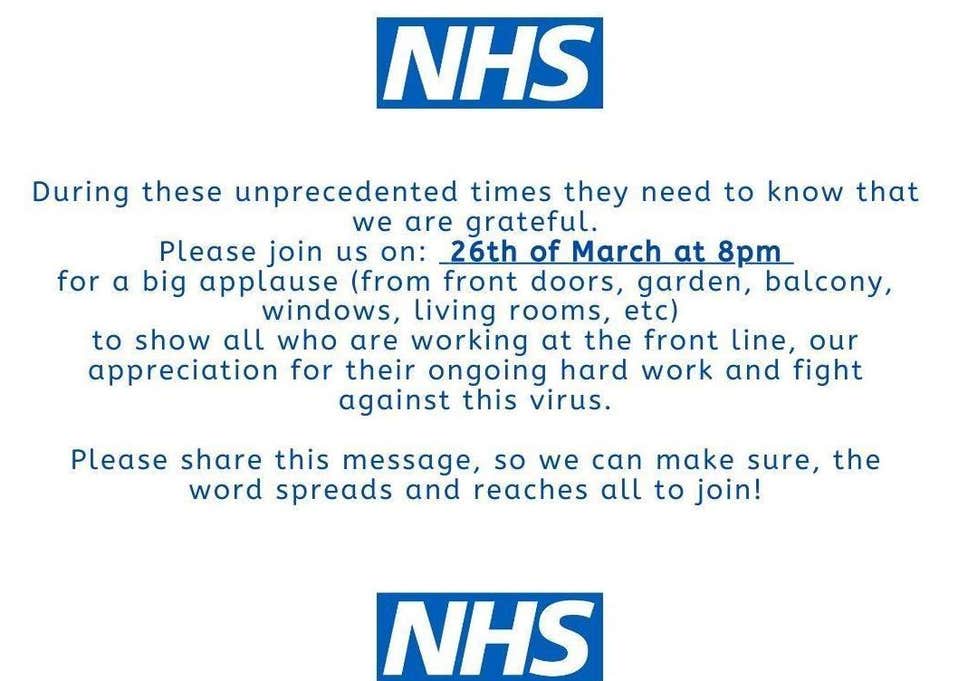 Join us and the whole country at 8pm tonight - we are going to CLAP OUR HANDS from the safety of home (gardens, front doors, windows, balconies..) for the NHS, carers, frontline staff and key workers

👏❤️👏❤️

#ClapForCarers #clapforourcarers #ThankYouNHS #NHS #StayHomeSaveLives