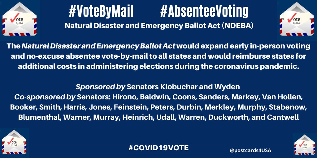 There's a Bill in Senate from  @RonWyden: Natural Disaster & Emergency Ballot Act. Everyone should pressure our Senators to sign. But Congressional  #VoteByMail comes down to  #MoscowMitchSo we all need sign up for  #AbsenteeVoting in our State, too. https://www.wyden.senate.gov/imo/media/doc/Natural%20Disaster%20and%20Emergency%20Ballot%20Act%20of%202020%20One%20Pager.pdf