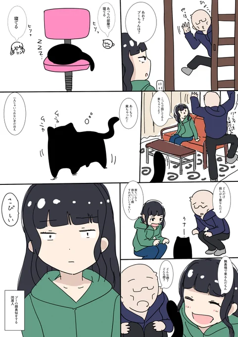 黒猫のプーと同居人と僕の日常漫画。「その10 プーの真似をする同居人の巻」 