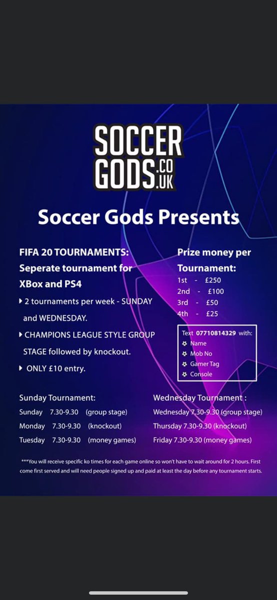 Any decent Fifa 20 players out there? 

Soccer Gods National tournament starts next week for XBOX AND PS4 if you want to get involved

All you gotta do is text

Your Name
Your Number
Your Gamer Tag
Your Console 

To 07710814329 to reserve your spot

Who’s the best? Let’s have it