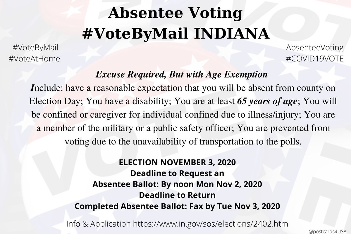INDIANA  #IN  #VoteByMailInfo & Application  https://www.in.gov/sos/elections/2402.htmCounty Boards of Election  https://indianavoters.in.gov/CountyContact/Index*Primary Apply by April 23rd. Return Received by May 4th at noon. #AbsenteeVoting  #DemCastIN THREAD #PostcardsforAmerica
