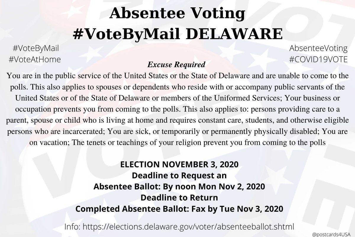 DELAWARE  #DE  #VoteByMailApplication printable  https://elections.delaware.gov/pubs/pdfs/absentee_ballot_application.pdfOnline  https://ivote.de.gov/voterview Info  https://elections.delaware.gov/voter/absenteeballot.shtmlMore info Email: absenteesc@delaware.gov https://elections.delaware.gov/pubs/pdfs/AbsenteeVoting_CantGoToThePolls.pdfCounty Office addresses  https://elections.delaware.gov/locations.shtml  #AbsenteeVoting  #DemCastDETHREAD