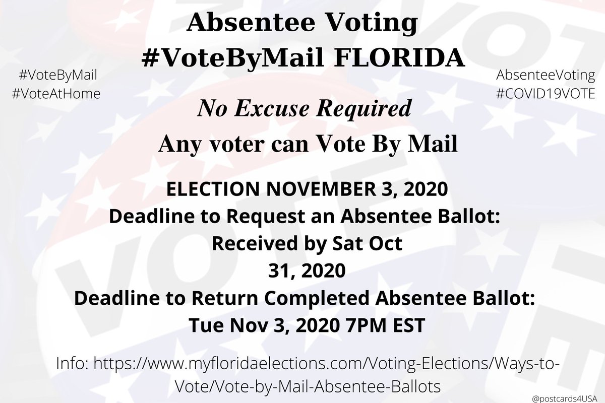 FLORIDA  #FL  #VoteByMailApplication  https://www.myfloridaelections.com/Voting-Elections/Ways-to-Vote/Vote-by-Mail-Absentee-Ballots#requestCounty Election Supervisors  https://www.myfloridaelections.com/Contact-your-SOEInfo  https://www.myfloridaelections.com/Voting-Elections/Ways-to-Vote/Vote-by-Mail-Absentee-Ballots #AbsenteeVoting  #DemCastFLTHREAD #PostcardsforAmerica