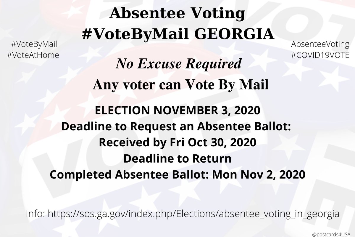 GEORGIA  #GA  #VoteByMailApplication  https://sos.ga.gov/admin/files/absentee_ballot_app.pdfInfo  https://sos.ga.gov/index.php/Elections/absentee_voting_in_georgiaGuide  https://sos.ga.gov/admin/uploads/Absentee_Voting_Guide_20142.pdfCounty Board of Registrars  https://elections.sos.ga.gov/Elections/countyregistrars.do*Primary Apply by May 15th. Return by May 18th #AbsenteeVoting  #DemCastGA THREAD  #PostcardsforAmerica