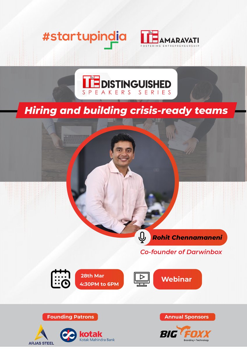 TiEVizag's tweet image. Bringing to you, along with Startup India, a Webinar on “Hiring and building crisis-ready teams” by Mr.Rohit Chennamaneni, Co-Founder of Darwinbox on 28th March 2020 at 4:30PM. Register at bit.ly/tiedss3
 #Webinar #DarwinBox #StartupIndia #TieAmaravati #TiEGlobal