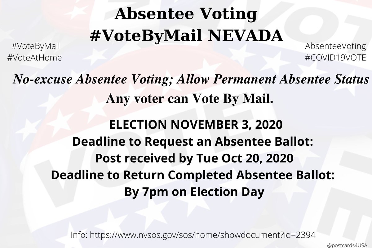 NEVADA  #NV  #VoteByMailApplication  https://www.nvsos.gov/sos/home/showdocument?id=8262Info  https://www.nvsos.gov/sos/home/showdocument?id=2394County Clerk  https://www.nvsos.gov/sos/elections/voters/county-clerk-contact-information #AbsenteeVoting  #DemCastNV THREAD  #PostcardsforAmerica